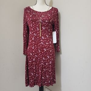 ALMOST FAMOUS‎ Ditsy Floral Boho Cut Out Back Dress, size Large, Burgundy Multi